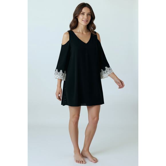 C Est 1946 Cold Shoulder Black Dress Small White Lace Cuffs - Picture 1 of 10